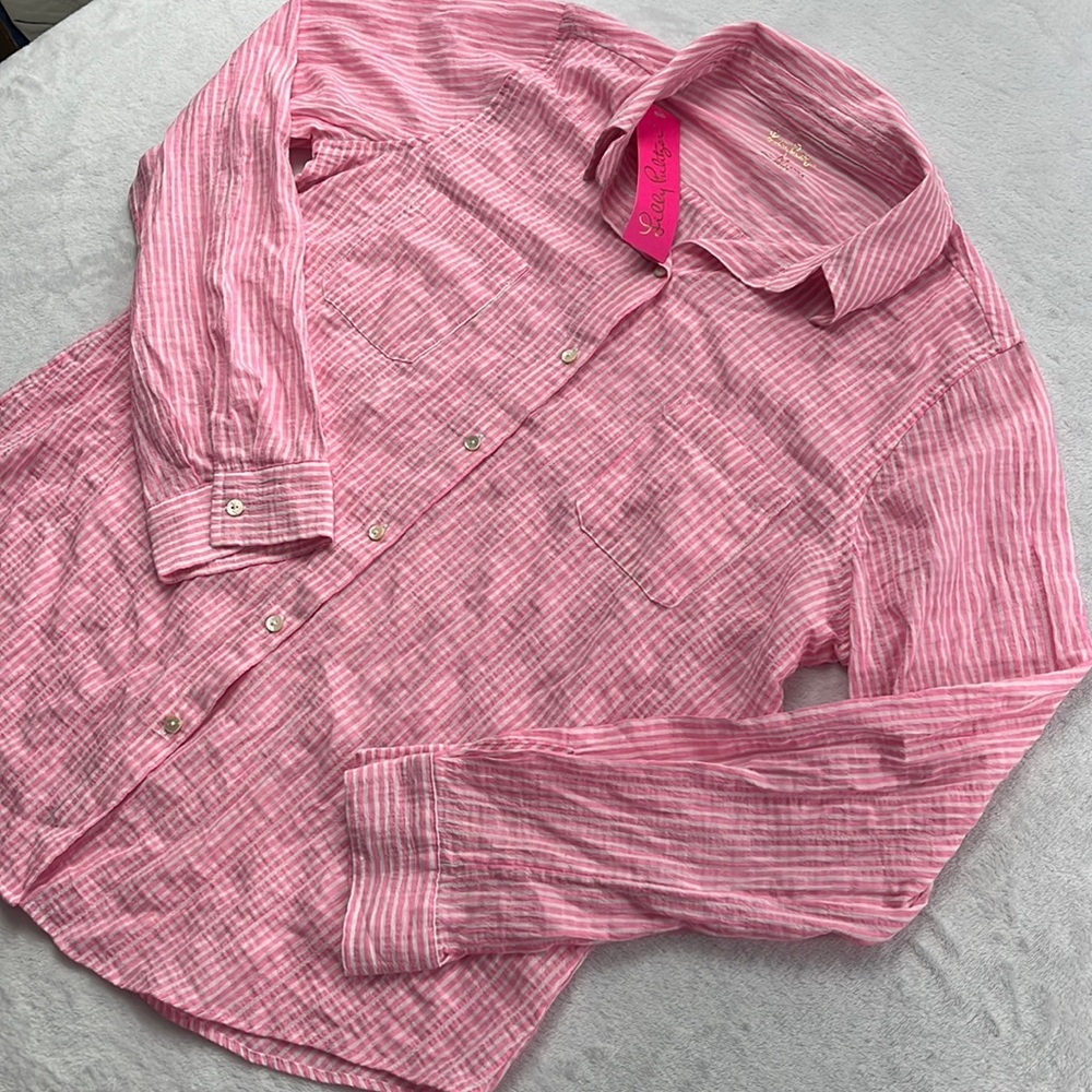 NEW Lilly Pulitzer M Cotton Blend Lightweight Button Down Long Sleeve Blouse